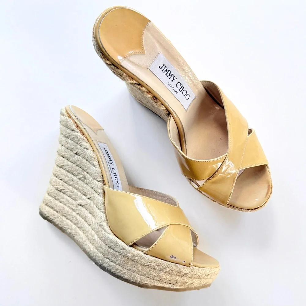 Jimmy Choo Patent Leather Espadrille Wedge Sandals Tan Camel 39